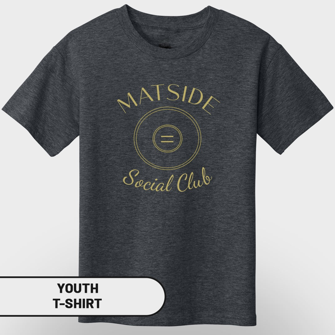 Youth t-shirt with gold "MATSIDE Social Club" text and emblem on dark grey fabric.