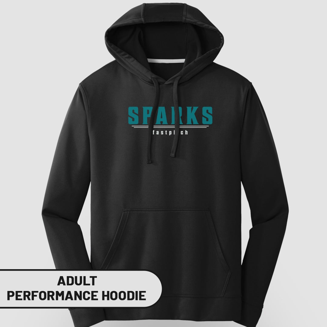 Black adult performance hoodie with teal "SPARKS" and "fastpitch" text.