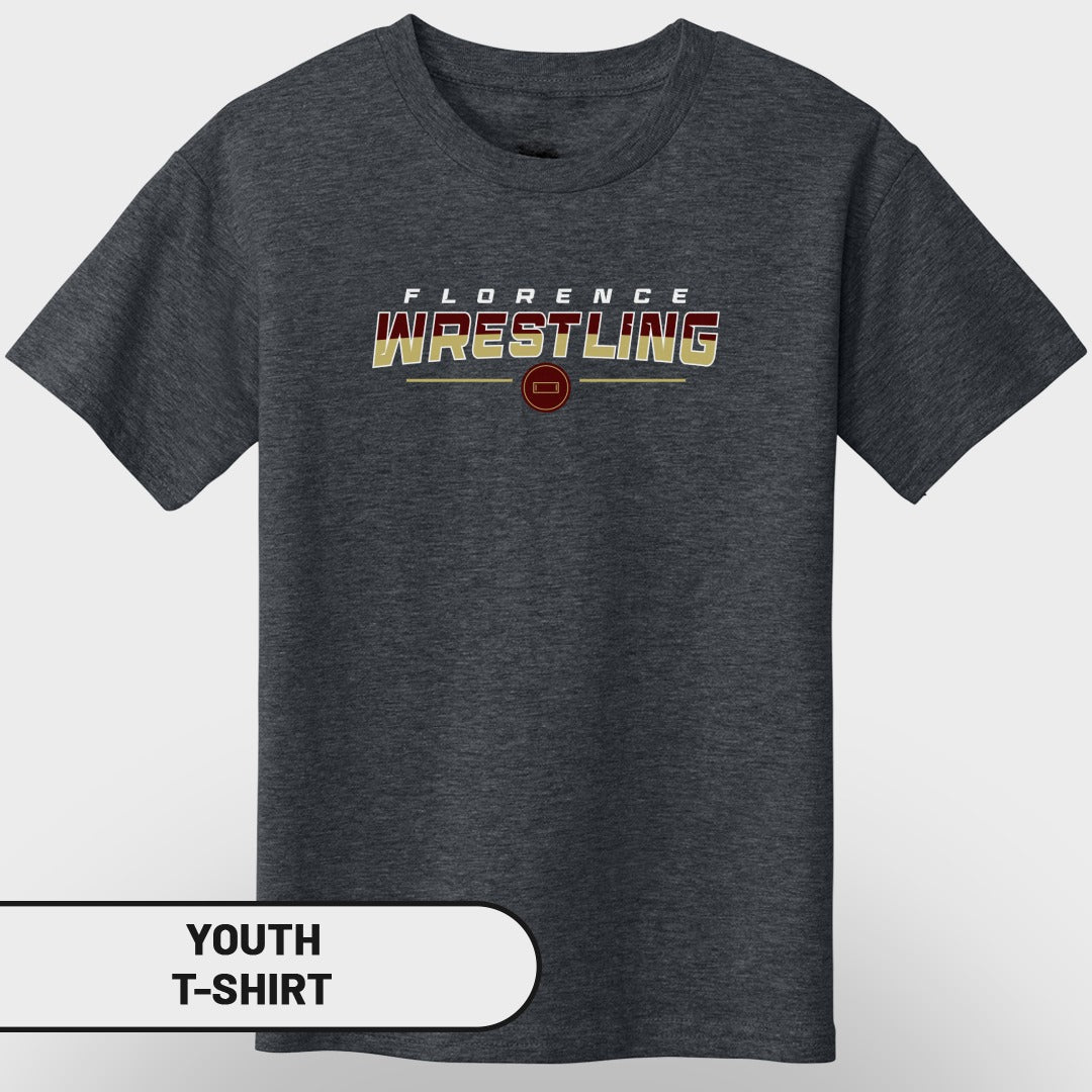 Dark gray youth t-shirt with "Florence Wrestling" text and a wrestling circle logo.