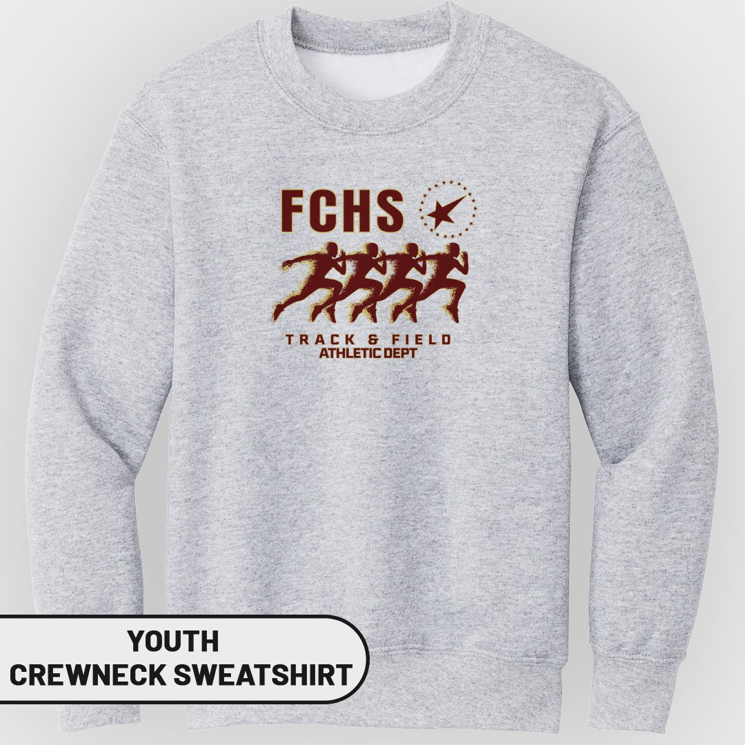 Light grey youth crewneck sweatshirt with "FCHS Track & Field Athletic Dept" graphic.