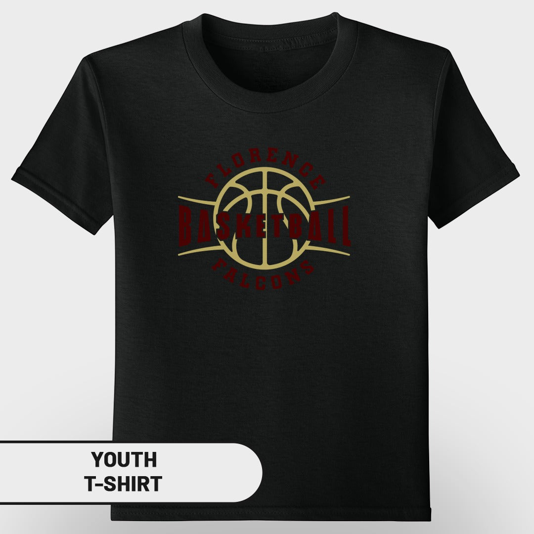 Black youth t-shirt with Florence Basketball Falcons logo and text.