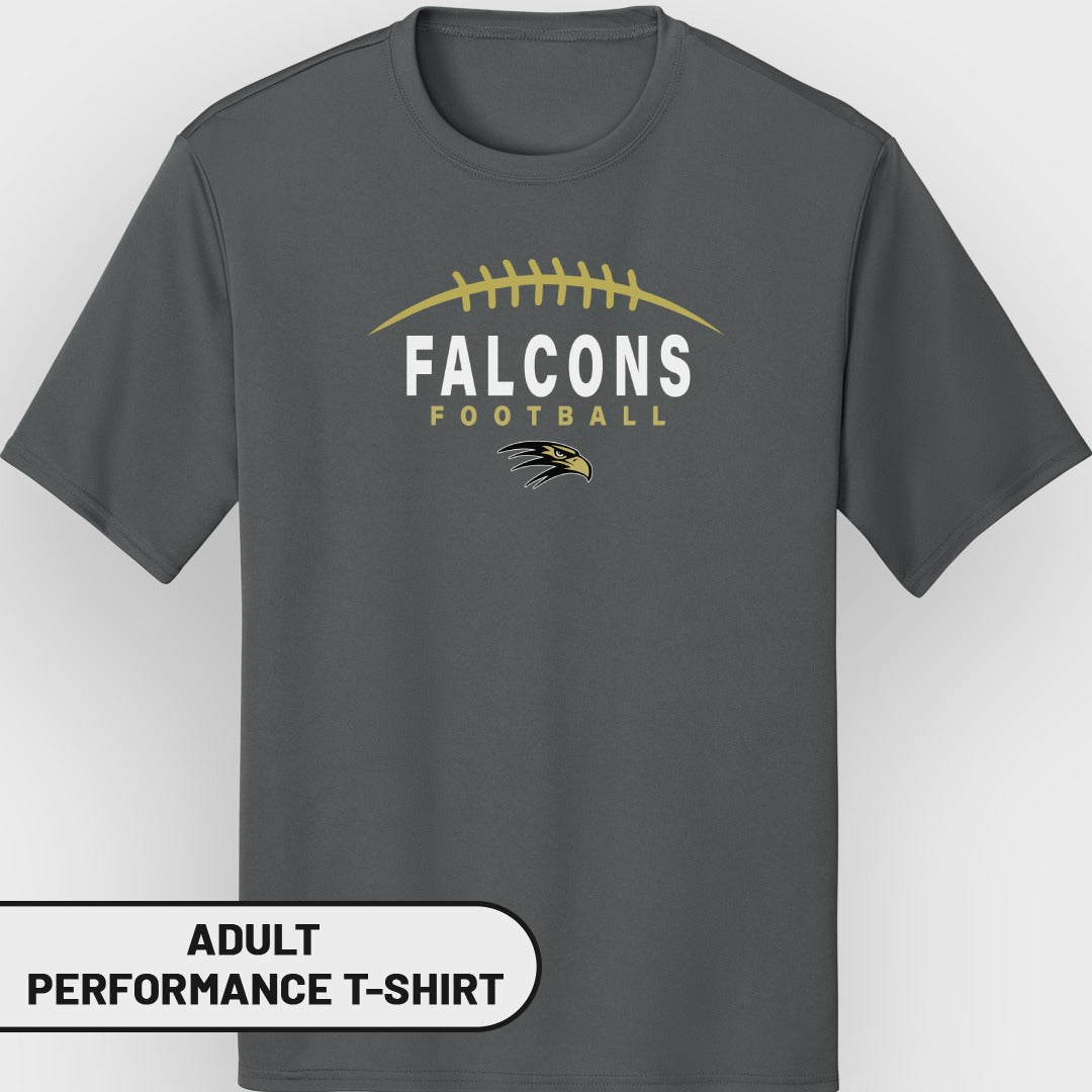 Dark grey adult performance t-shirt with "Falcons Football" and eagle logo.