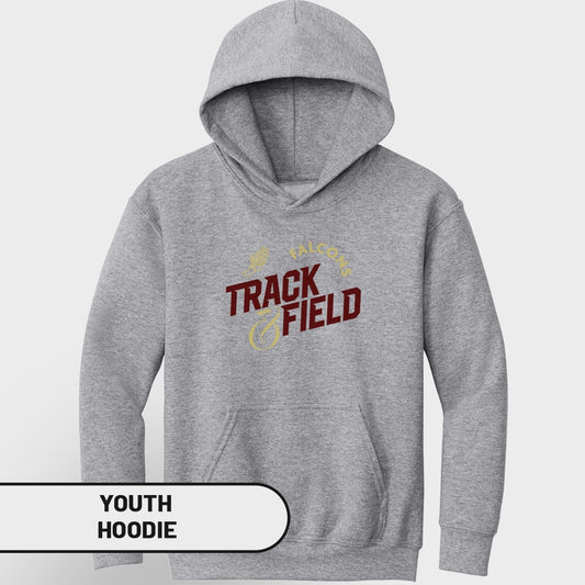 Gray youth hoodie with "Falcons Track Field" graphic and track shoe.