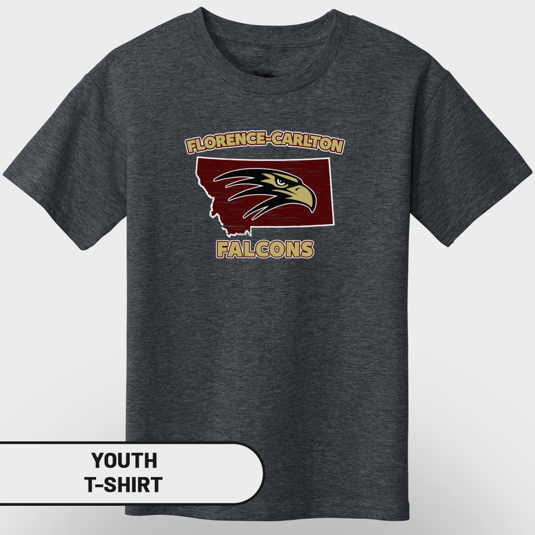 Dark gray youth t-shirt with Montana map, falcon head, and text.