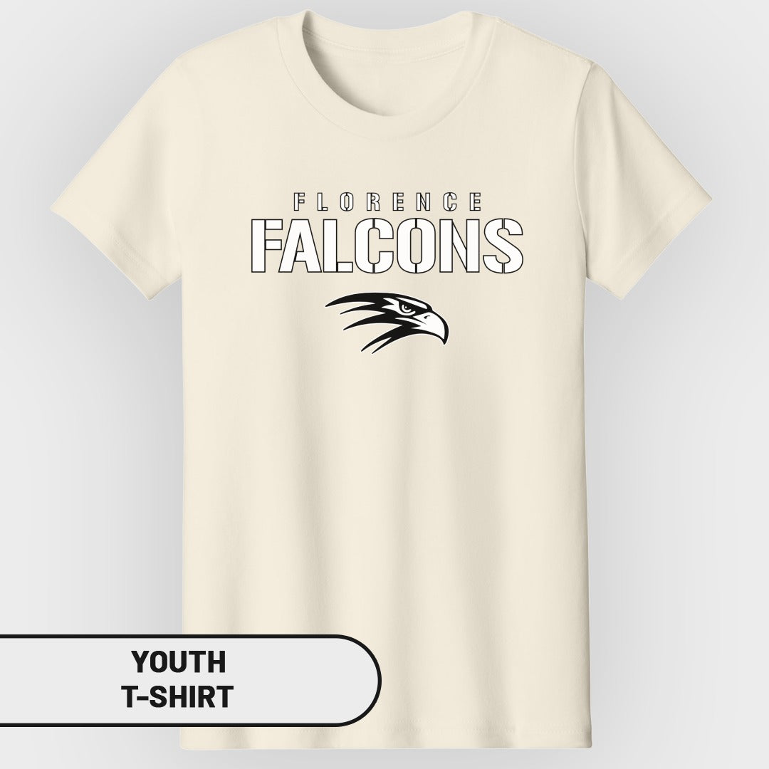 Youth t-shirt with Florence Falcons text and falcon head graphic.
