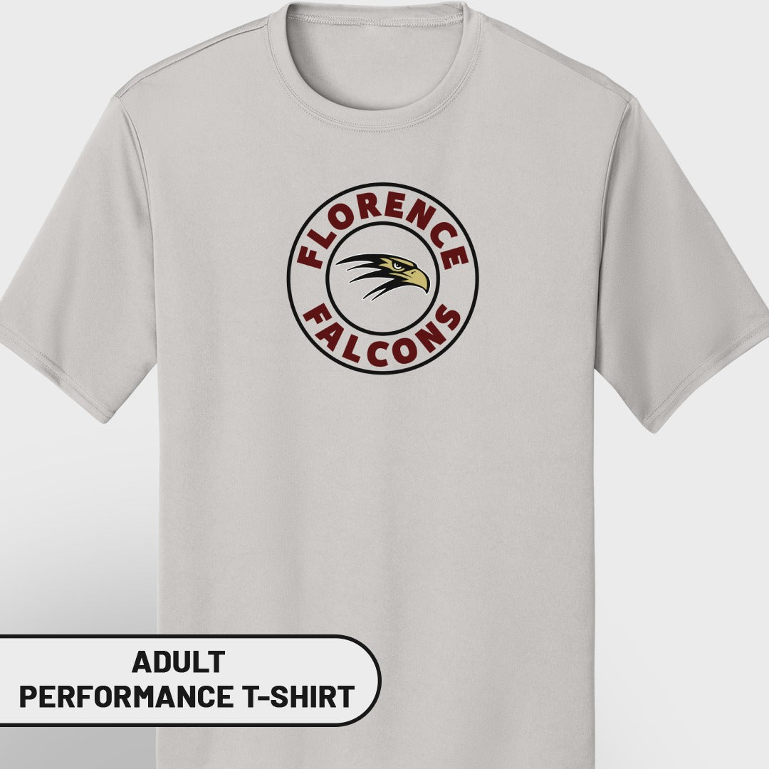 Light gray adult performance t-shirt with Florence Falcons logo on chest.
