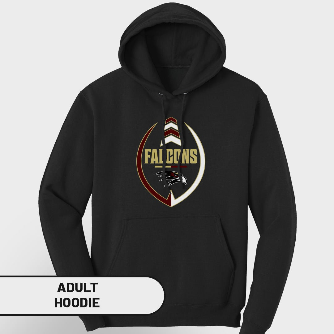 Black adult hoodie with "FALCONS" text and eagle logo in a football design.