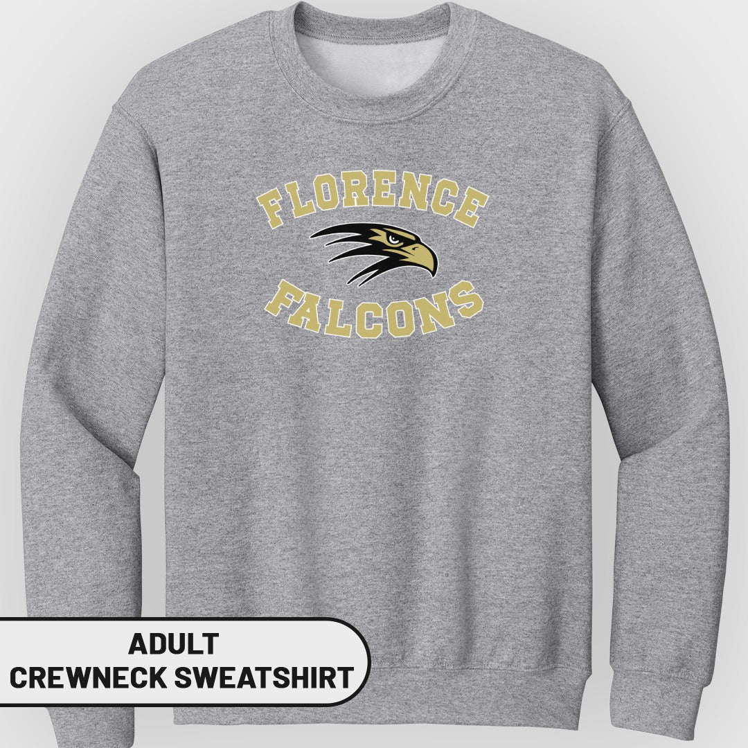 Grey adult crewneck sweatshirt with "Florence Falcons" and falcon logo.