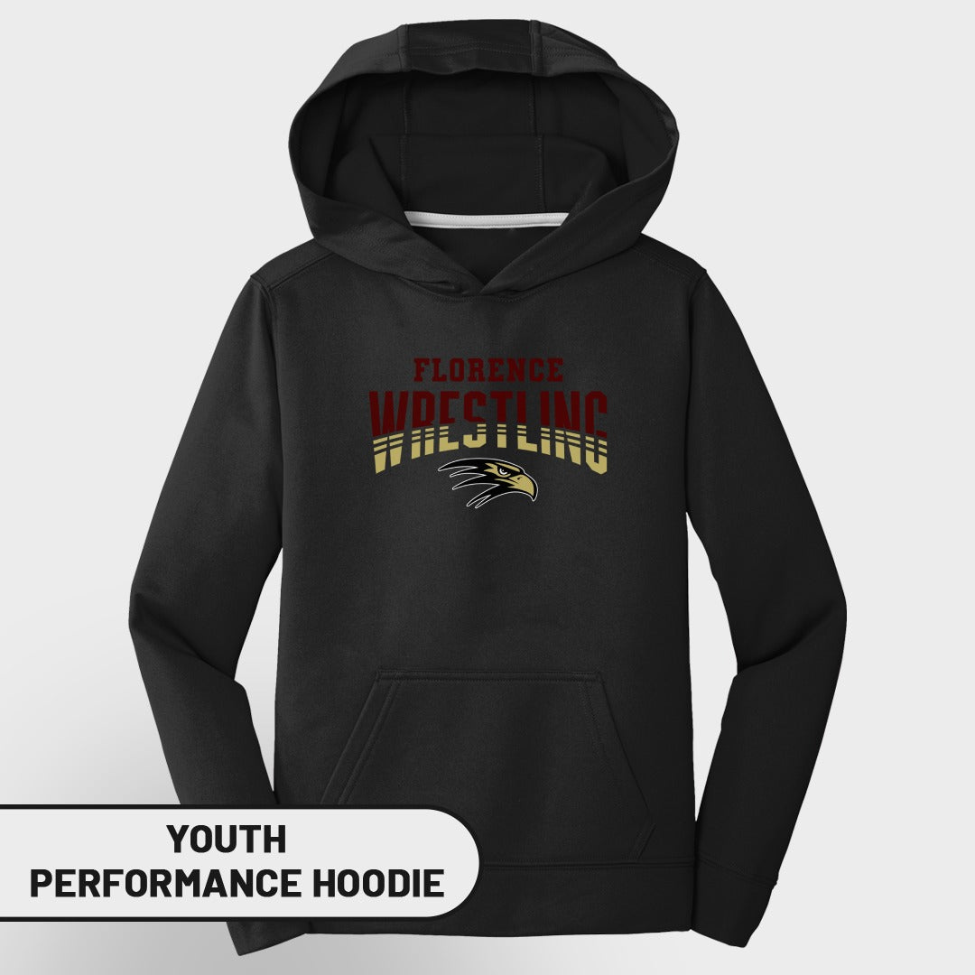 Black youth performance hoodie with Florence Wrestling text and eagle logo.