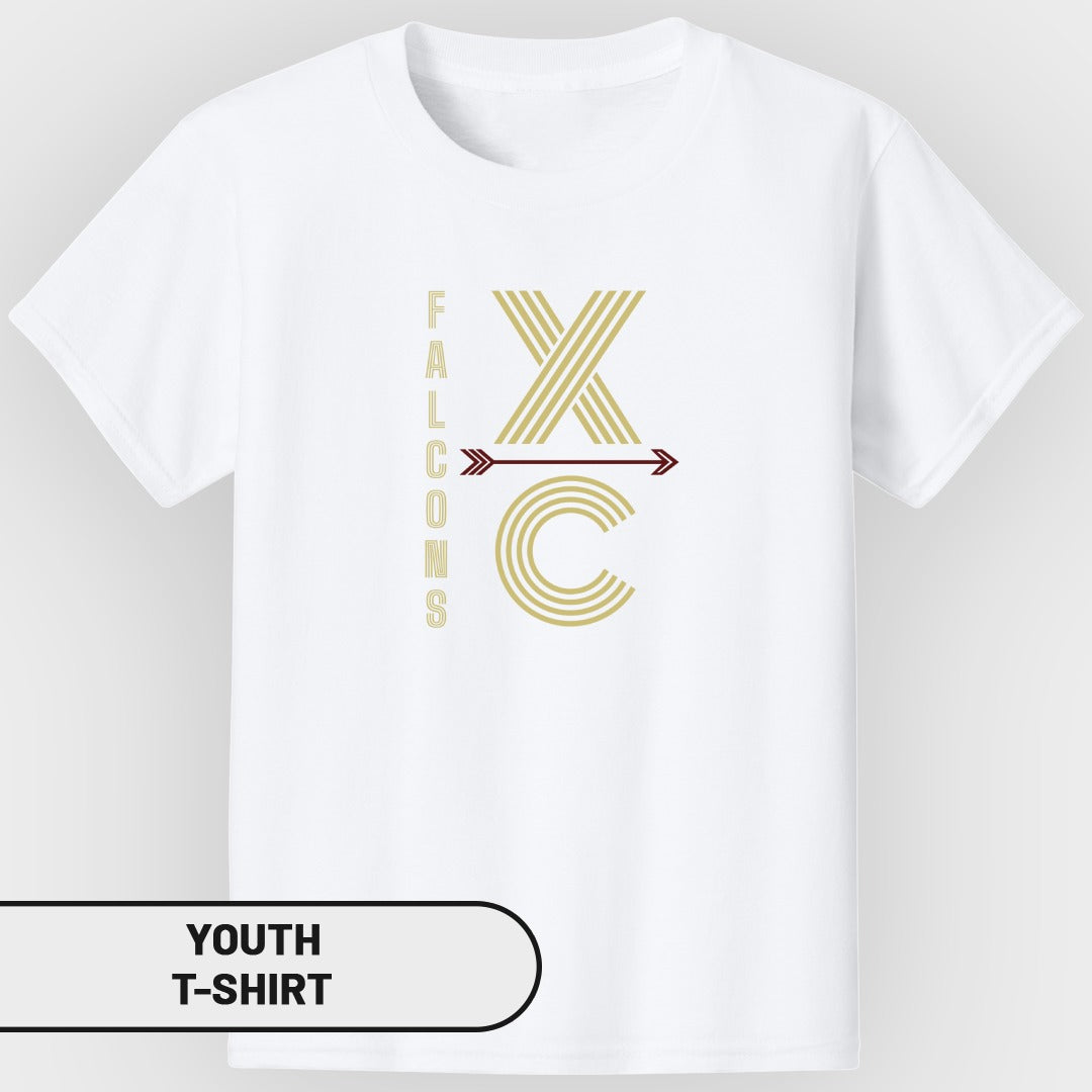 White youth t-shirt with "Falcons XC" graphic and arrow design.