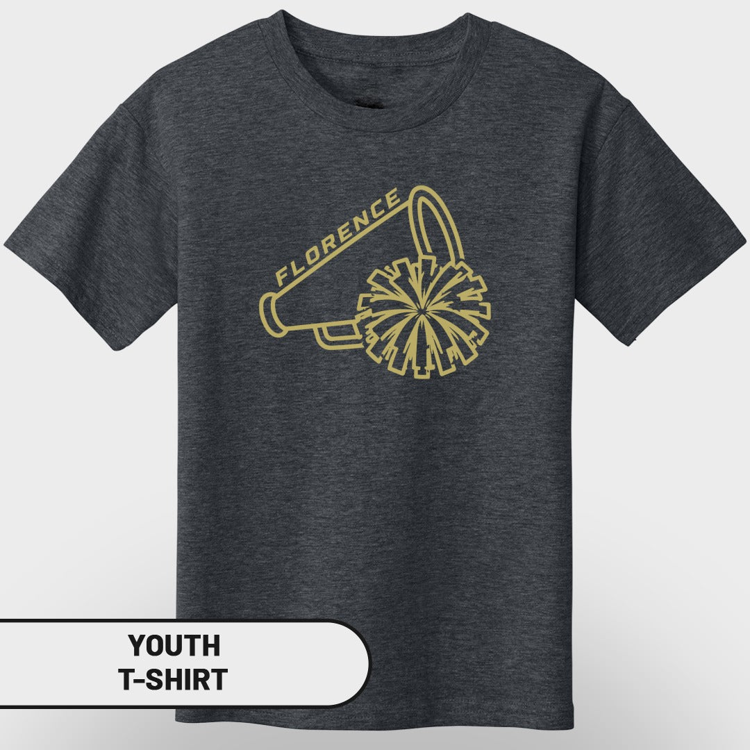 Dark grey youth t-shirt with gold megaphone and cheer pom graphic that says Florence.