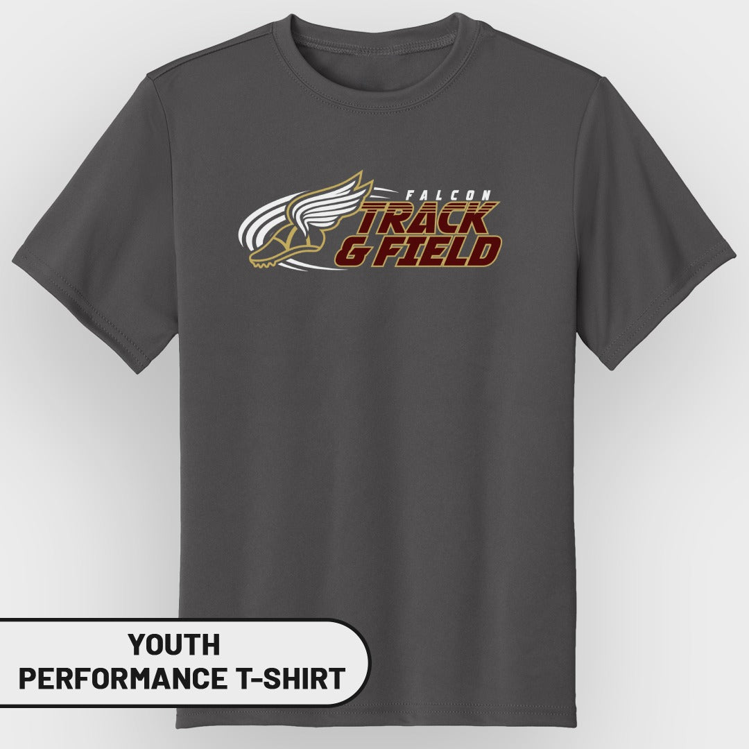 Dark gray youth performance t-shirt with "Falcon Track & Field" logo.