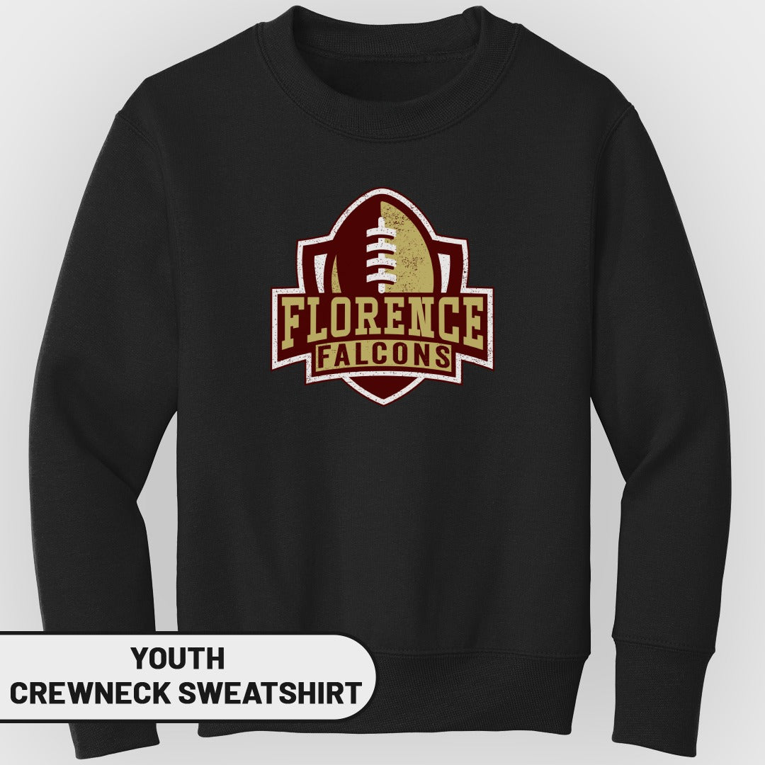 Youth crewneck sweatshirt with a Florence Falcons football logo.
