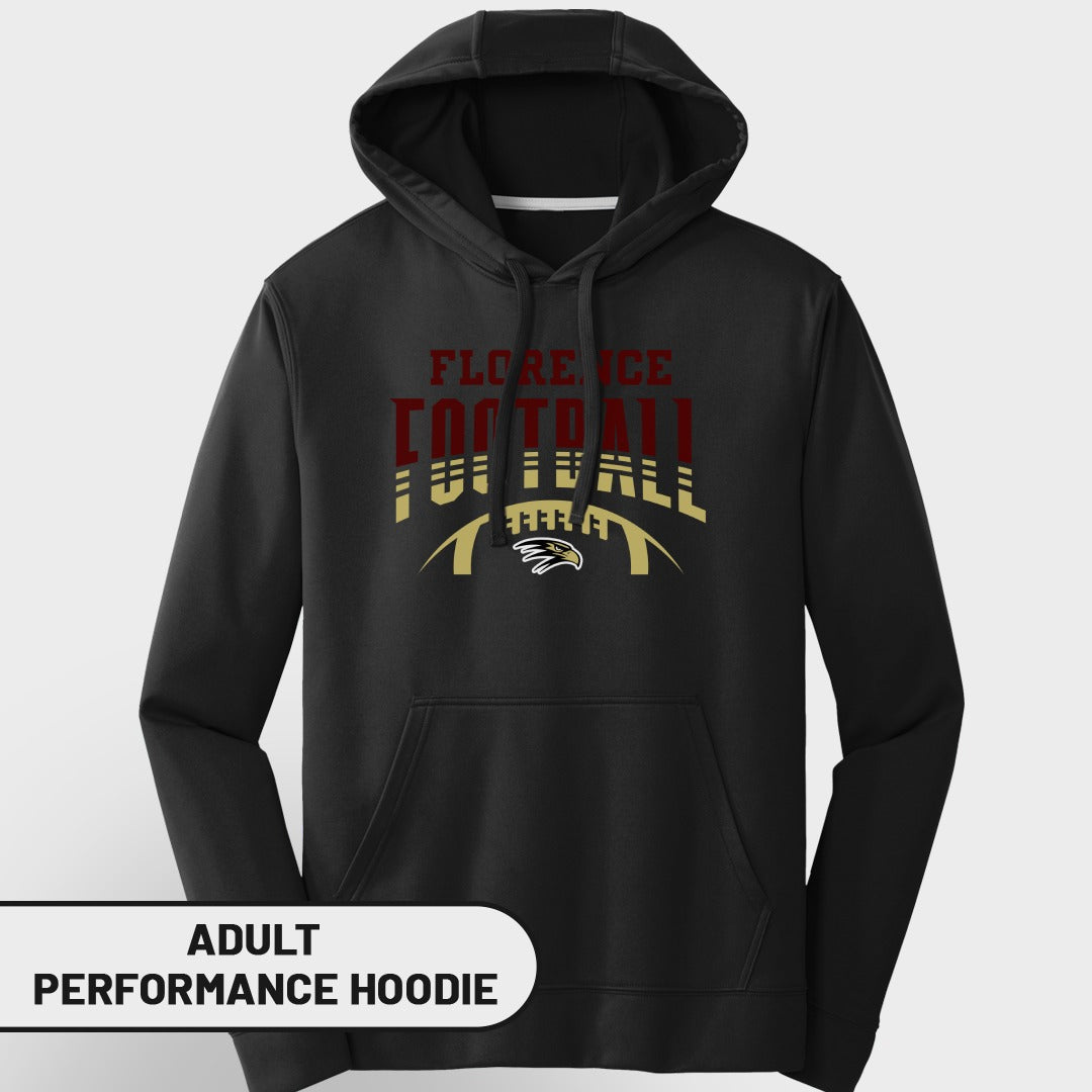 Black adult performance hoodie with "Florence Football" and eagle logo.