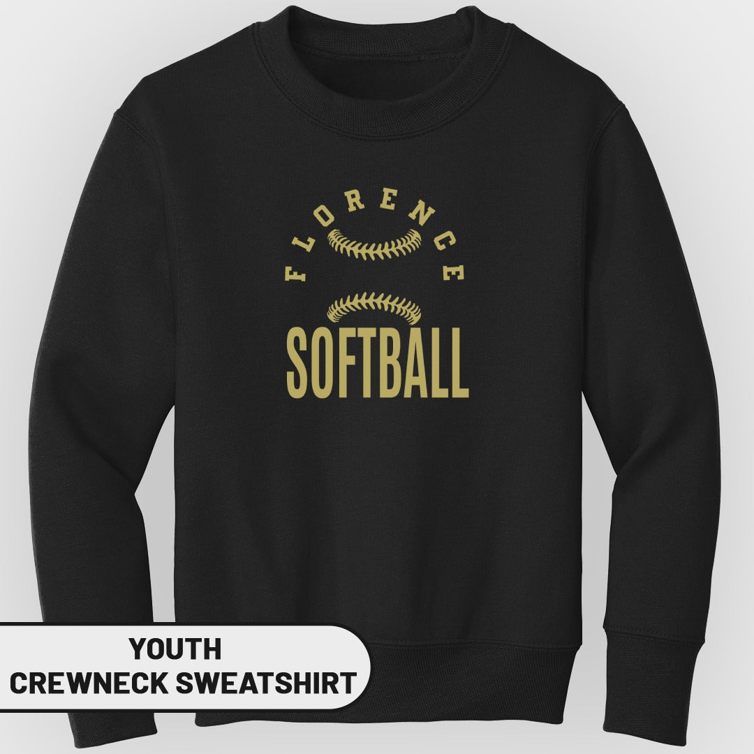Black youth crewneck sweatshirt with "FLORENCE SOFTBALL" and baseball graphics.