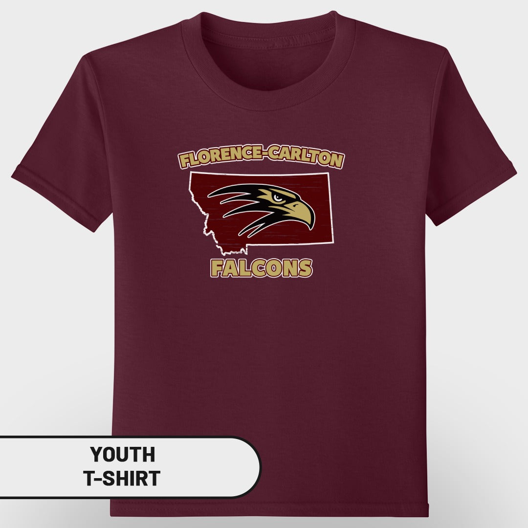 Maroon youth t-shirt with Florence-Carlton Falcons logo inside Montana outline.