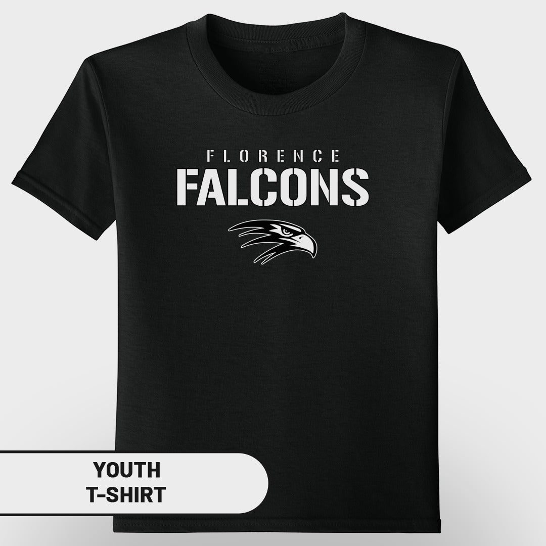 Black youth t-shirt with "FLORENCE FALCONS" and eagle logo.
