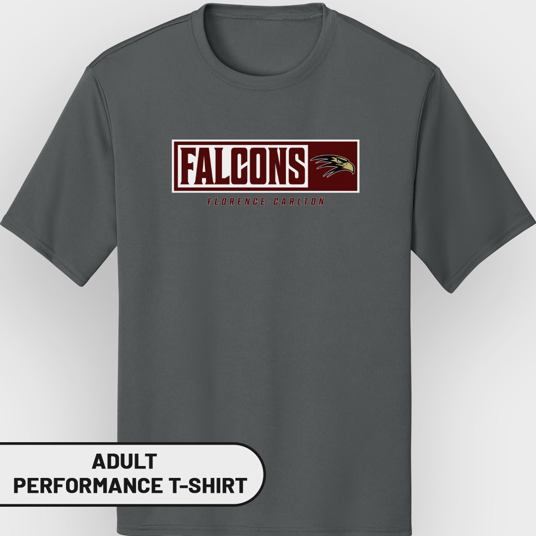 Dark gray adult performance t-shirt with "FALCONS" and a falcon logo.