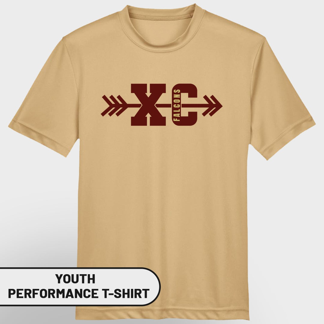 Youth performance t-shirt with "XC Falcons" text and arrow graphic.