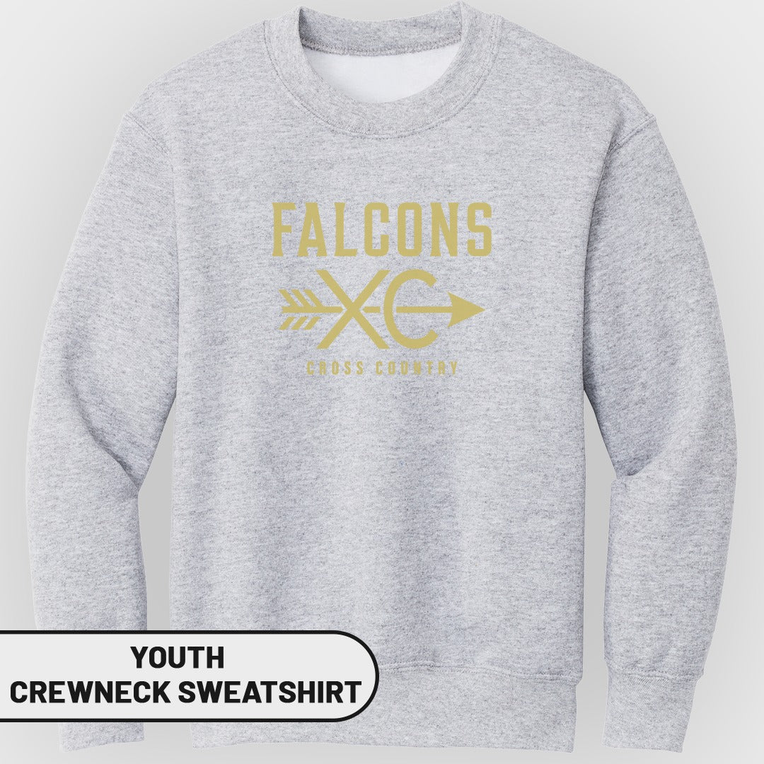 Youth grey crewneck sweatshirt with "FALCONS XC CROSS COUNTRY" graphic.