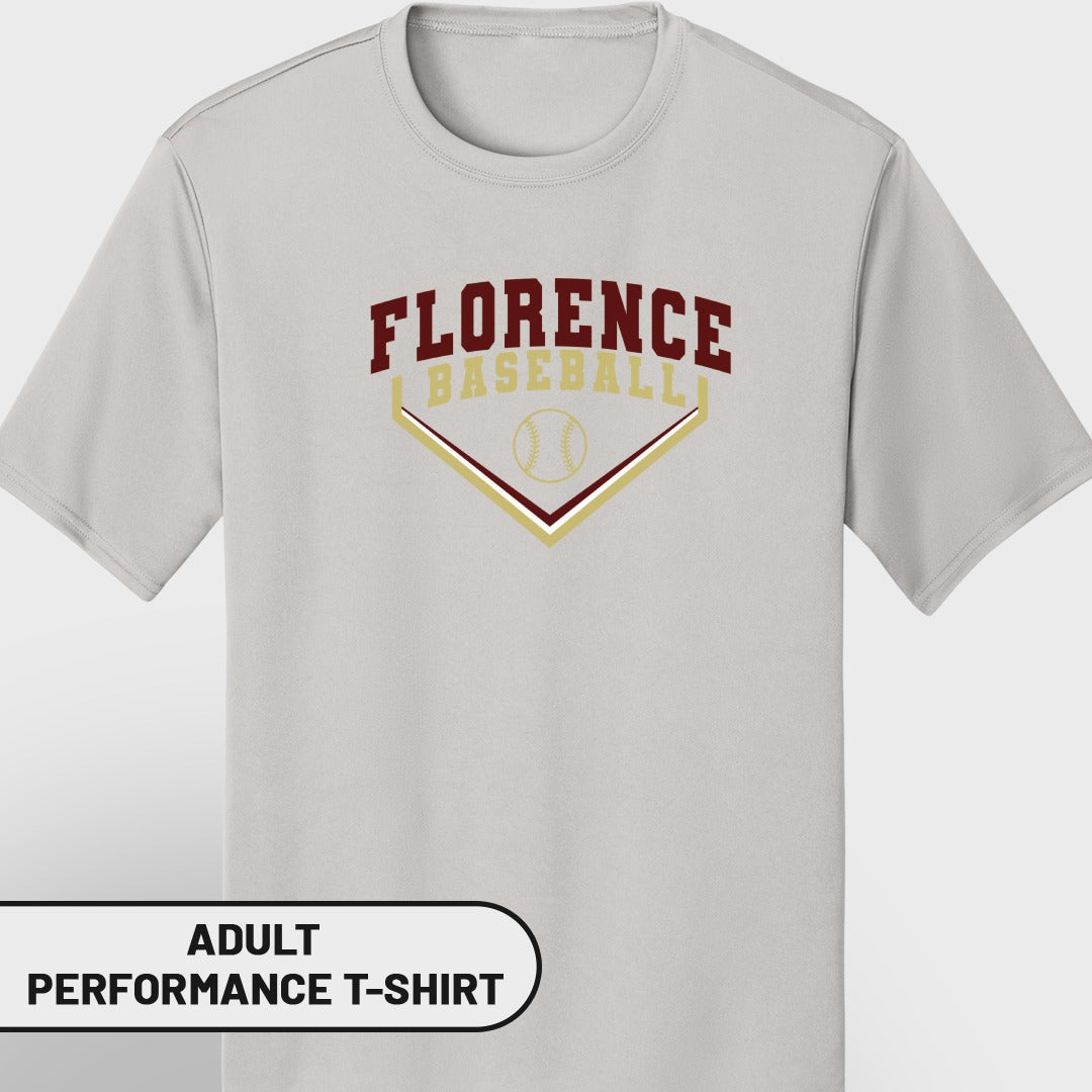 Light gray adult performance t-shirt with "Florence Baseball" logo and baseball graphic.