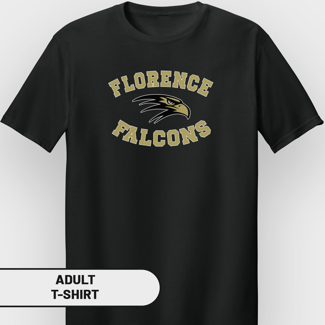 Black adult t-shirt with "Florence Falcons" and eagle logo graphic.
