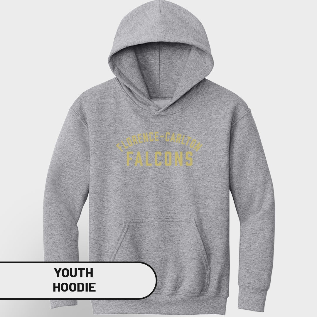Grey youth hoodie with "Florence-Carlton Falcons" text in yellow.