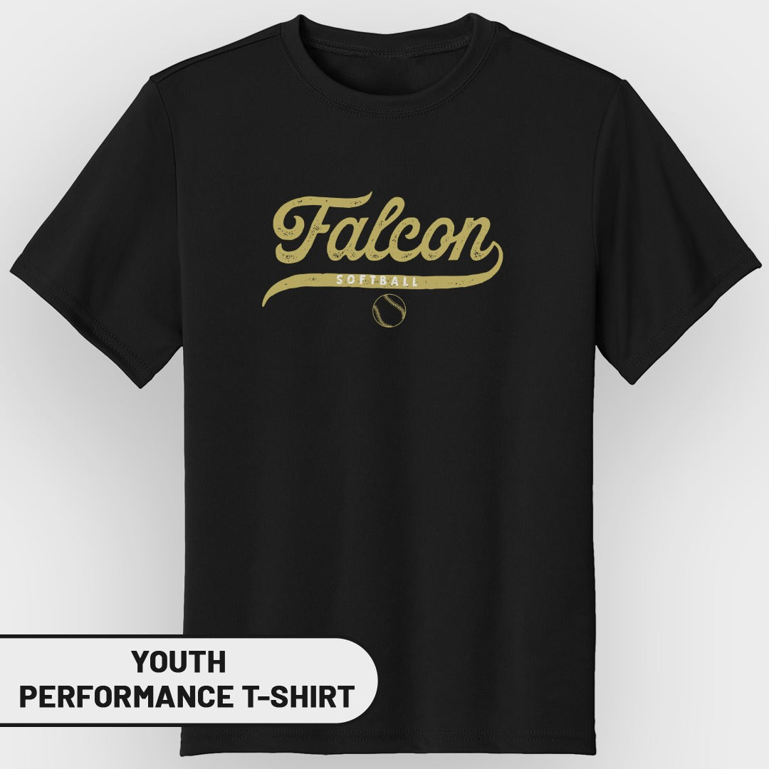 Black youth performance t-shirt with "Falcon Softball" and baseball graphic.