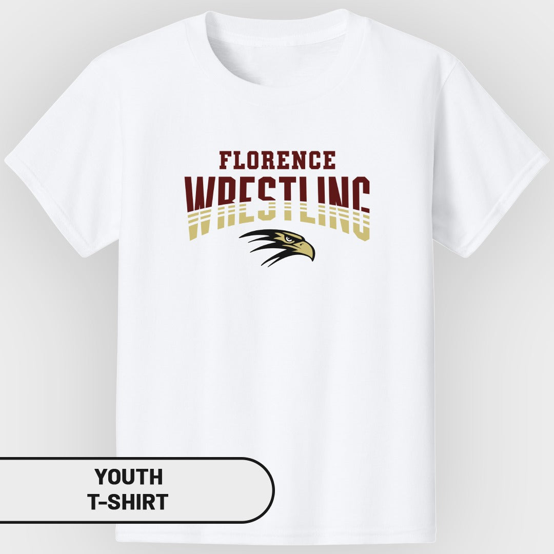 White youth t-shirt with "Florence Wrestling" and eagle graphic.
