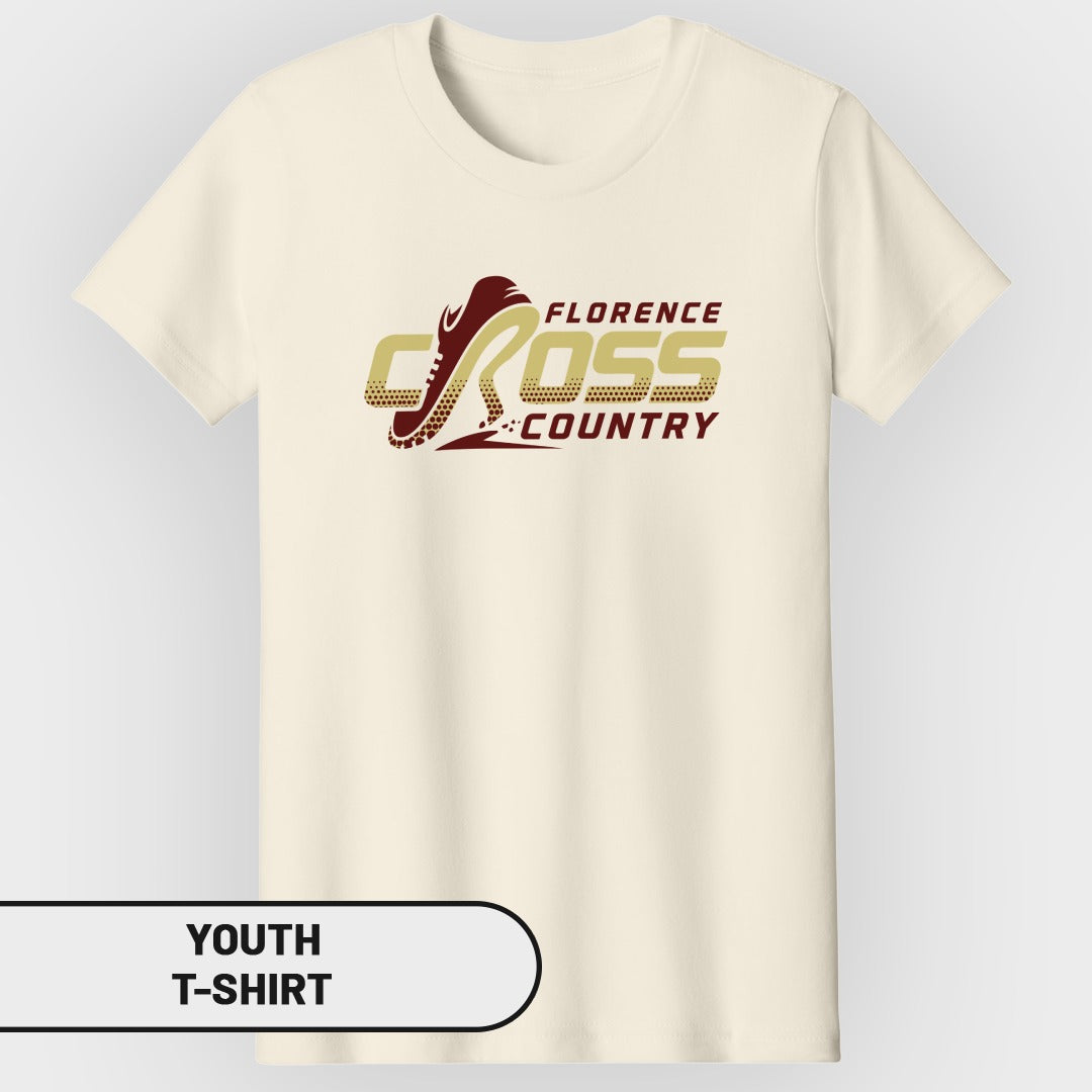 Cream youth t-shirt with "Florence Cross Country" graphic and running shoe.