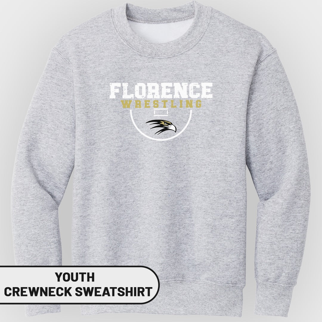 Light grey youth crewneck sweatshirt with Florence Wrestling graphic and eagle logo.