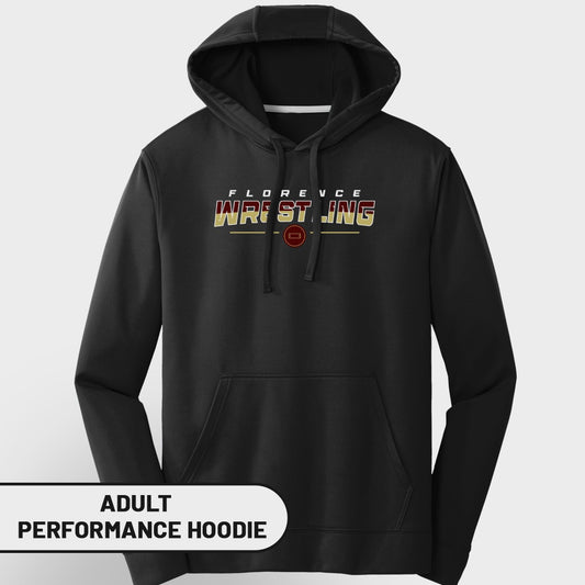 Black adult performance hoodie with "Florence Wrestling" text and logo.