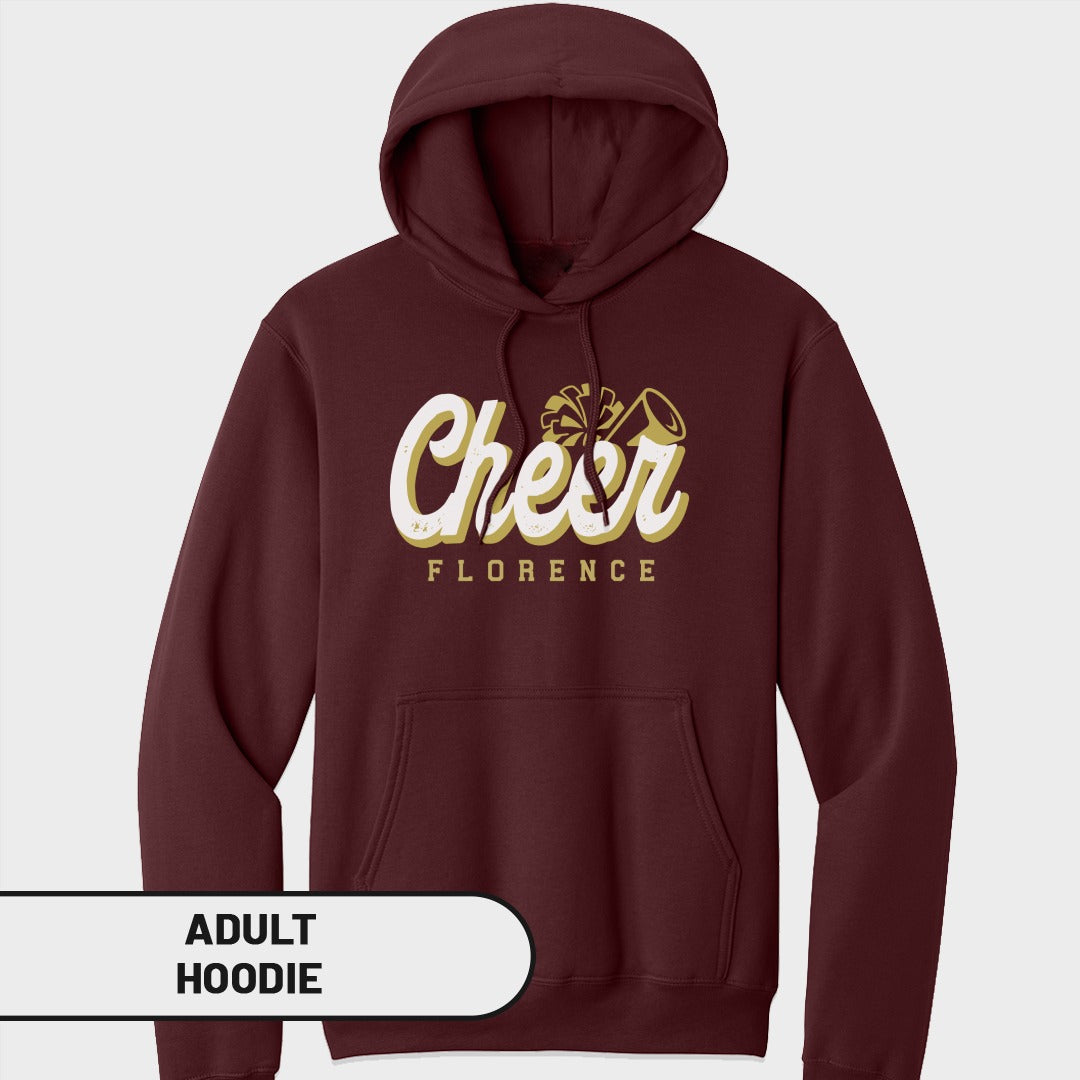 Maroon adult hoodie with "Cheer Florence" text and cheerleading megaphone graphic.