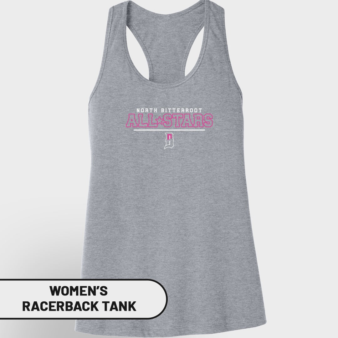 Grey women's racerback tank with "North Bitterroot ALL*STARS" in pink lettering.