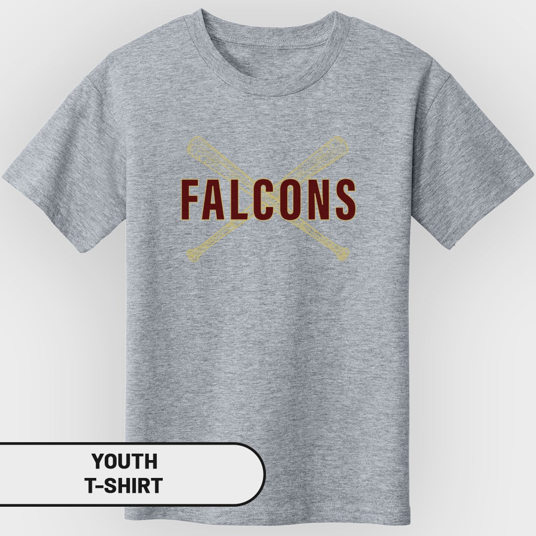 Grey youth t-shirt with crossed baseball bats and "FALCONS" text.