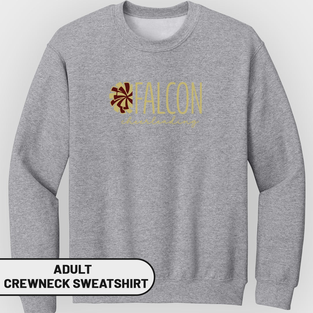 Grey adult crewneck sweatshirt with "FALCON cheerleading" text and a pom-pom graphic.