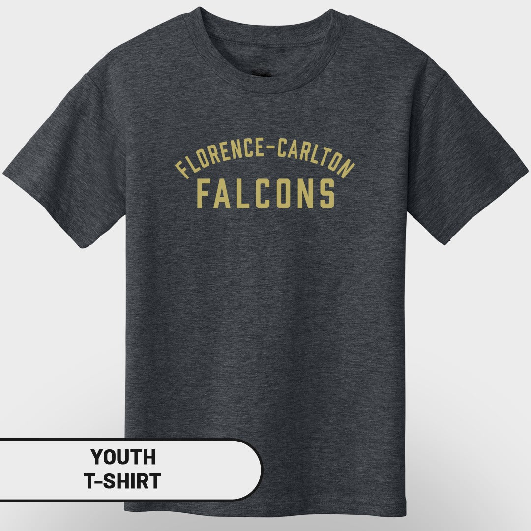 Youth t-shirt with "FLORENCE-CARLTON FALCONS" in gold lettering.