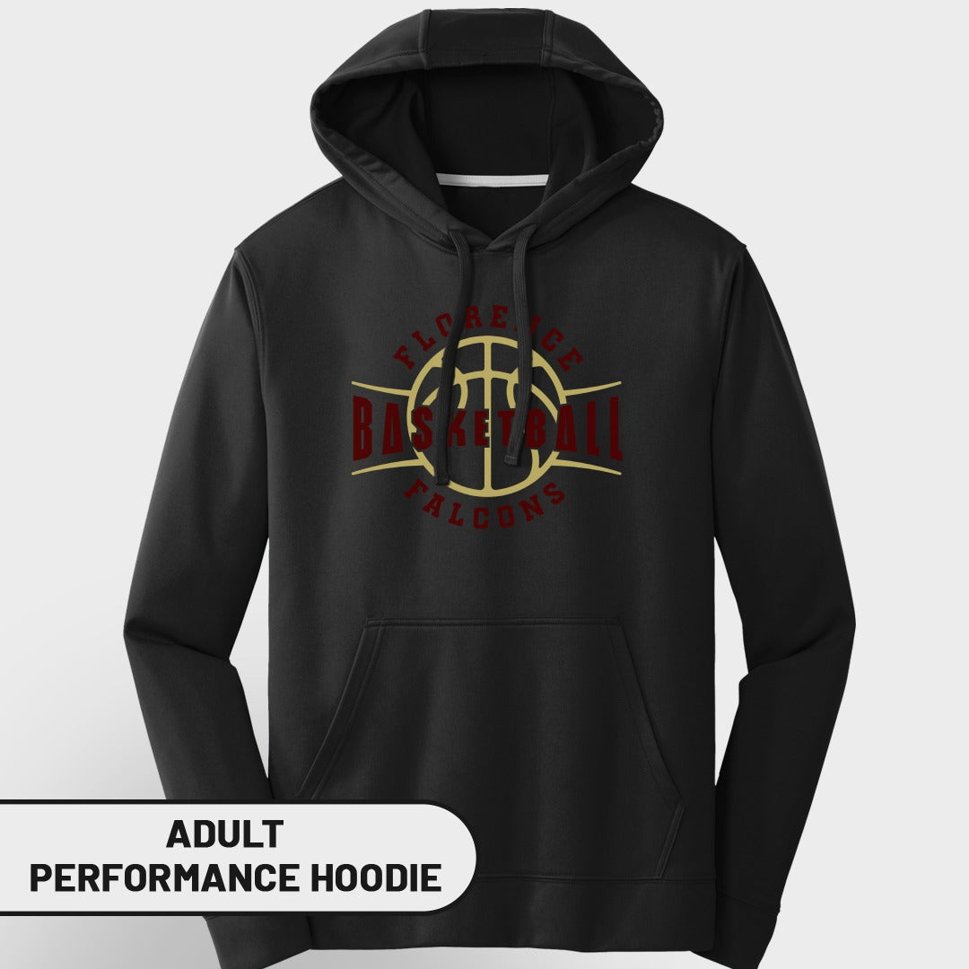 Black adult performance hoodie with Florence Basketball Falcons logo.