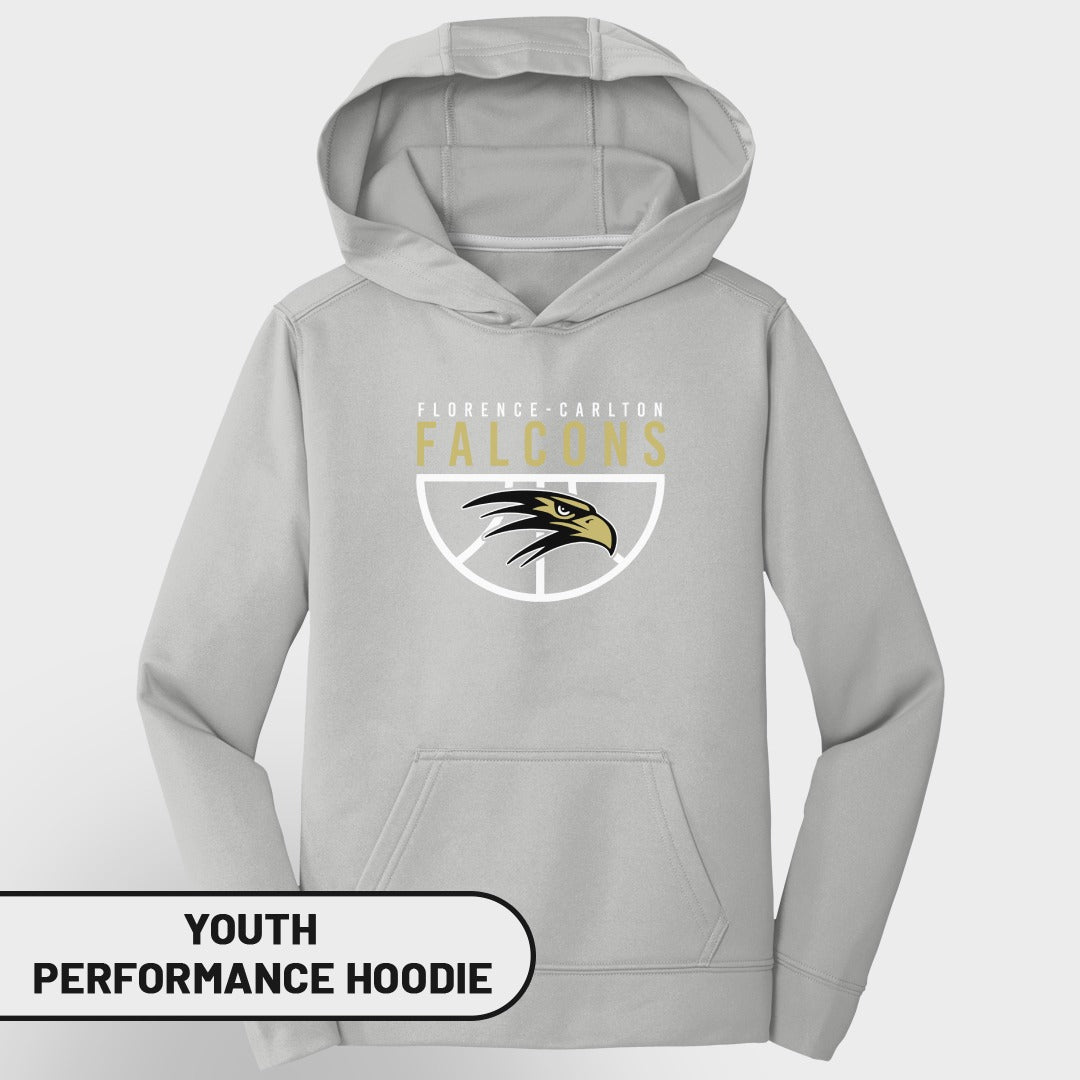 Gray youth performance hoodie with Florence-Carlton Falcons basketball logo.