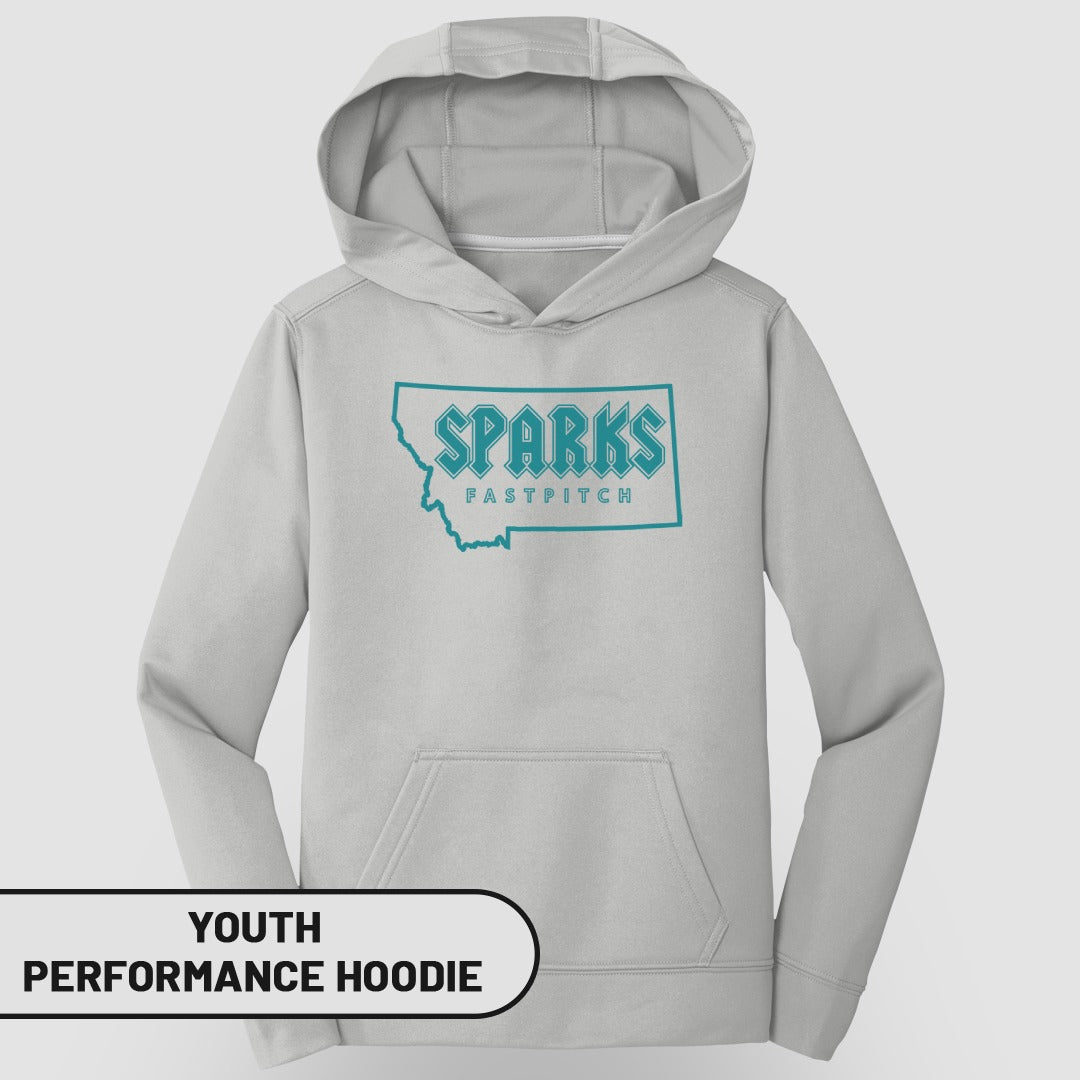 Grey youth performance hoodie with "Sparks Fastpitch" Montana logo.