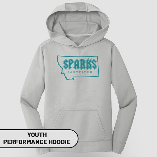 Grey youth performance hoodie with "Sparks Fastpitch" Montana logo.