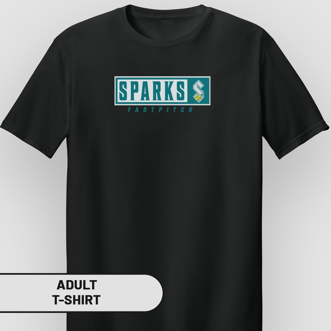 Black adult t-shirt with Sparks Fastpitch logo.