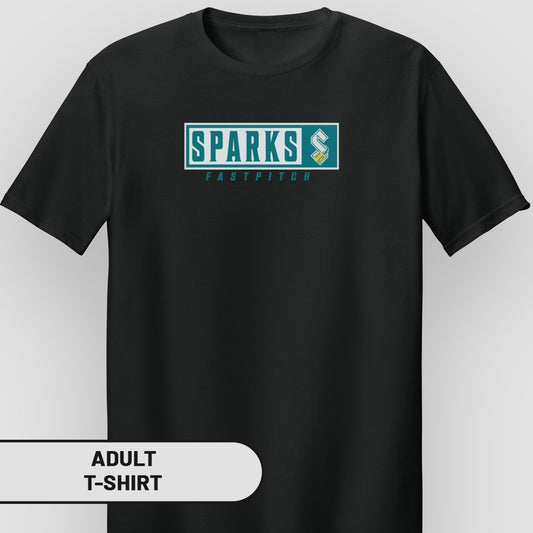 Black adult t-shirt with Sparks Fastpitch logo.