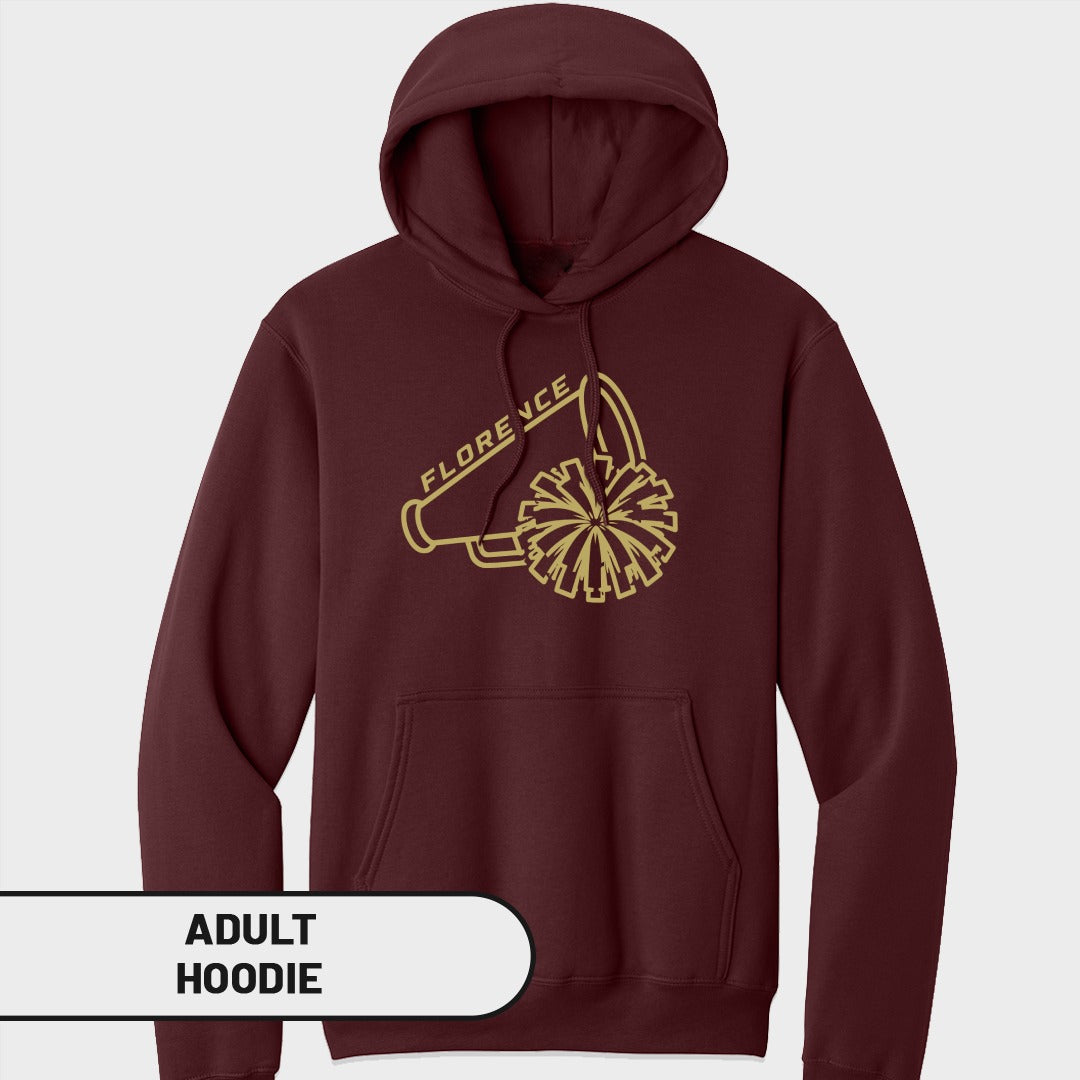 Maroon adult hoodie with gold "Florence" text and cheerleader megaphone and pom-pom graphic.