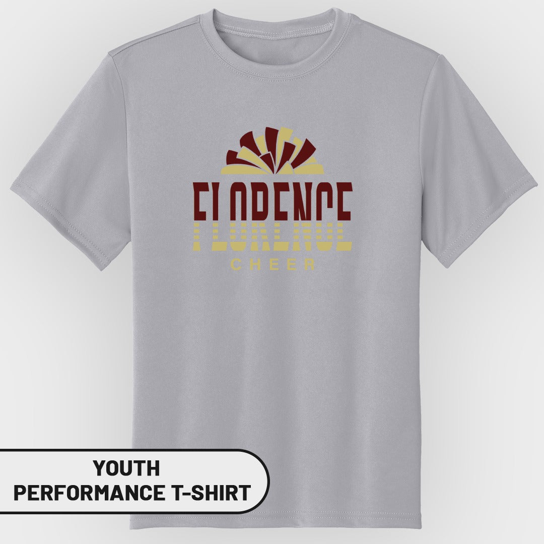 Youth performance t-shirt with "Clarence Florence Cheer" text and graphic.