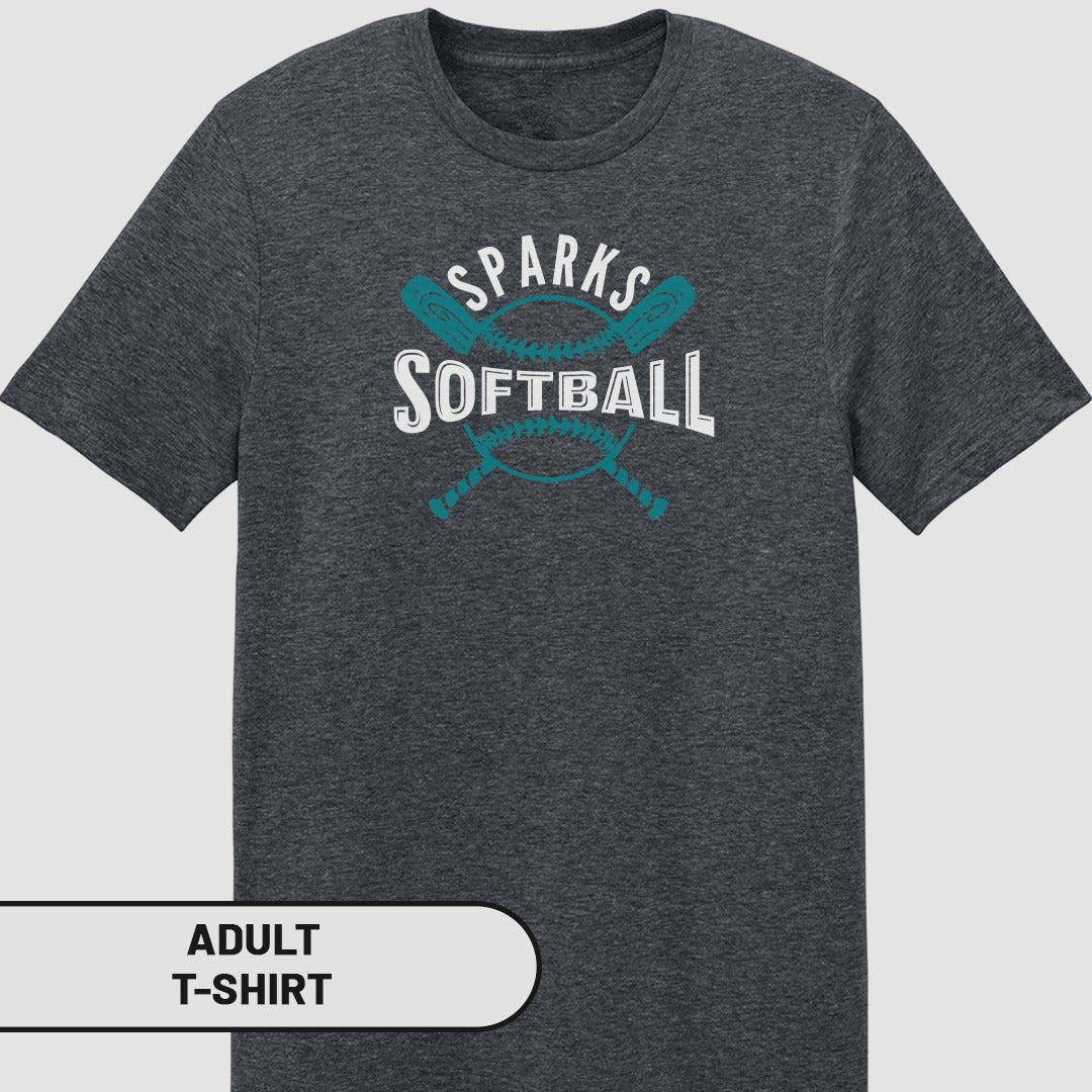Dark grey t-shirt with "SPARKS SOFTBALL" and crossed bats graphic.