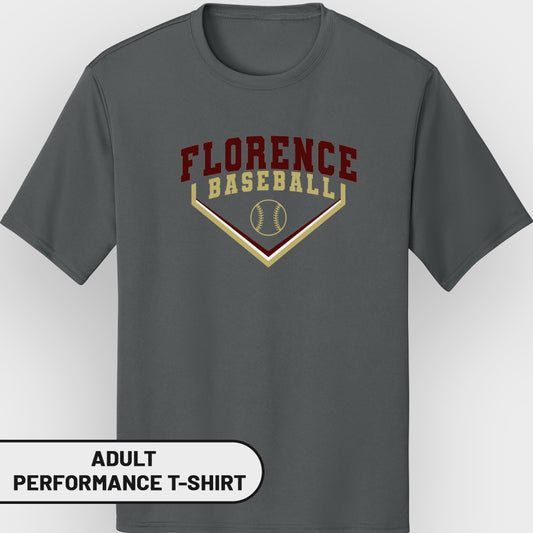 Dark gray adult performance t-shirt with Florence Baseball graphic.