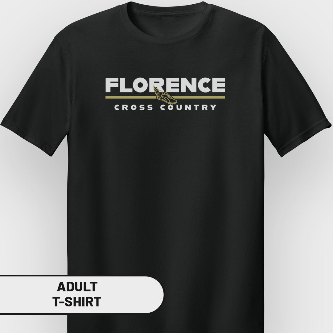 Black adult t-shirt with "FLORENCE CROSS COUNTRY" text and running shoe graphic.