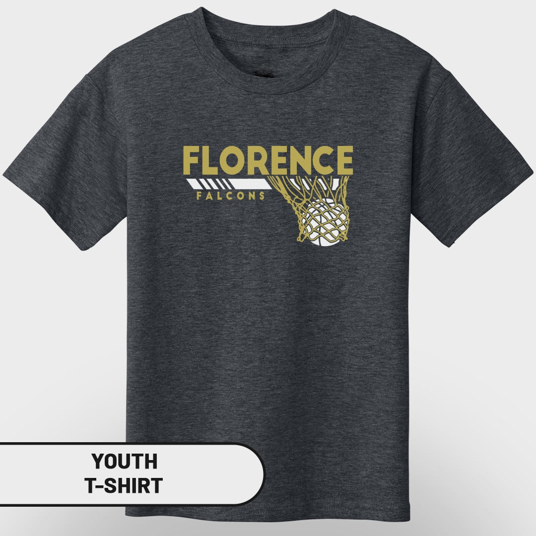 Dark t-shirt with gold "FLORENCE FALCONS" text and basketball in net graphic.