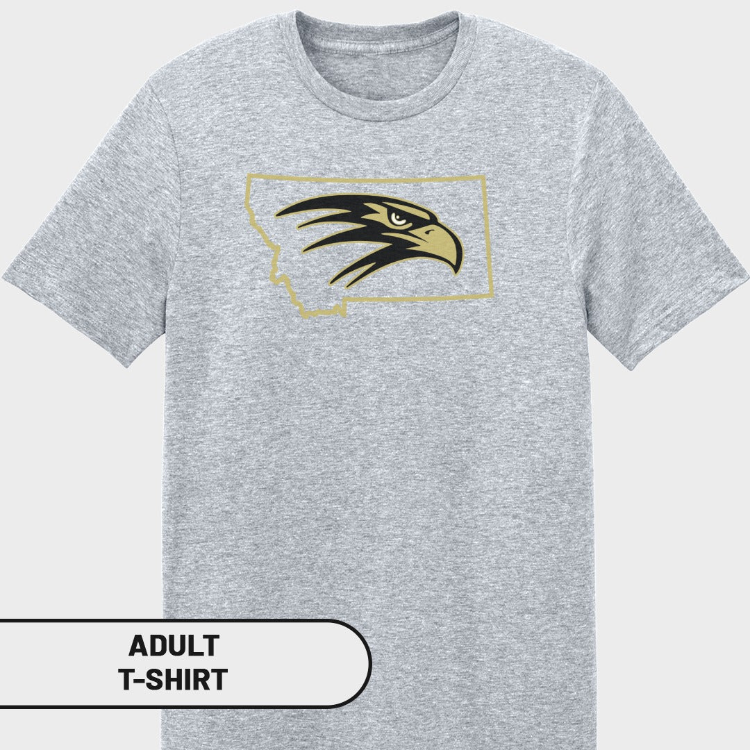 Grey adult t-shirt with Montana outline and black and gold eagle logo.